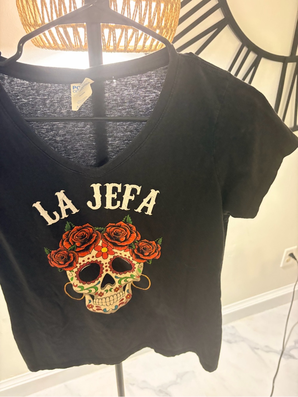 LA JEFA Black Graphic V-Neck Tee with Roses